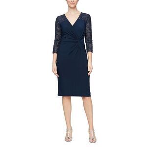 Alex Evenings Midnight Blue Midi Dress with Lace Detail